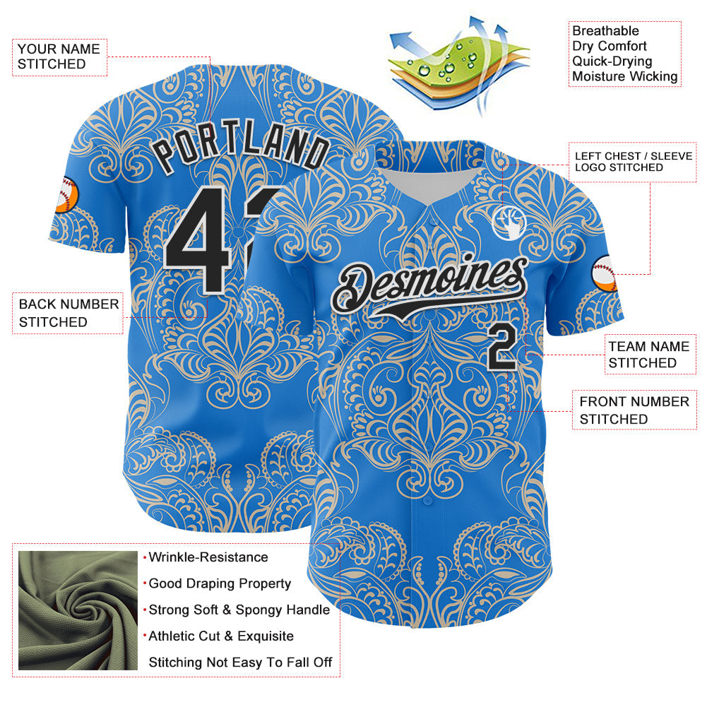 Custom Electric Blue Black-White 3D Pattern Design Burner Costumes Paisley Bandana Authentic Baseball Jersey - Sky-Custom