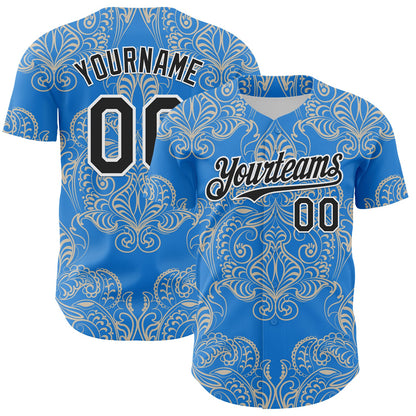 Custom Electric Blue Black-White 3D Pattern Design Burner Costumes Paisley Bandana Authentic Baseball Jersey - Sky-Custom