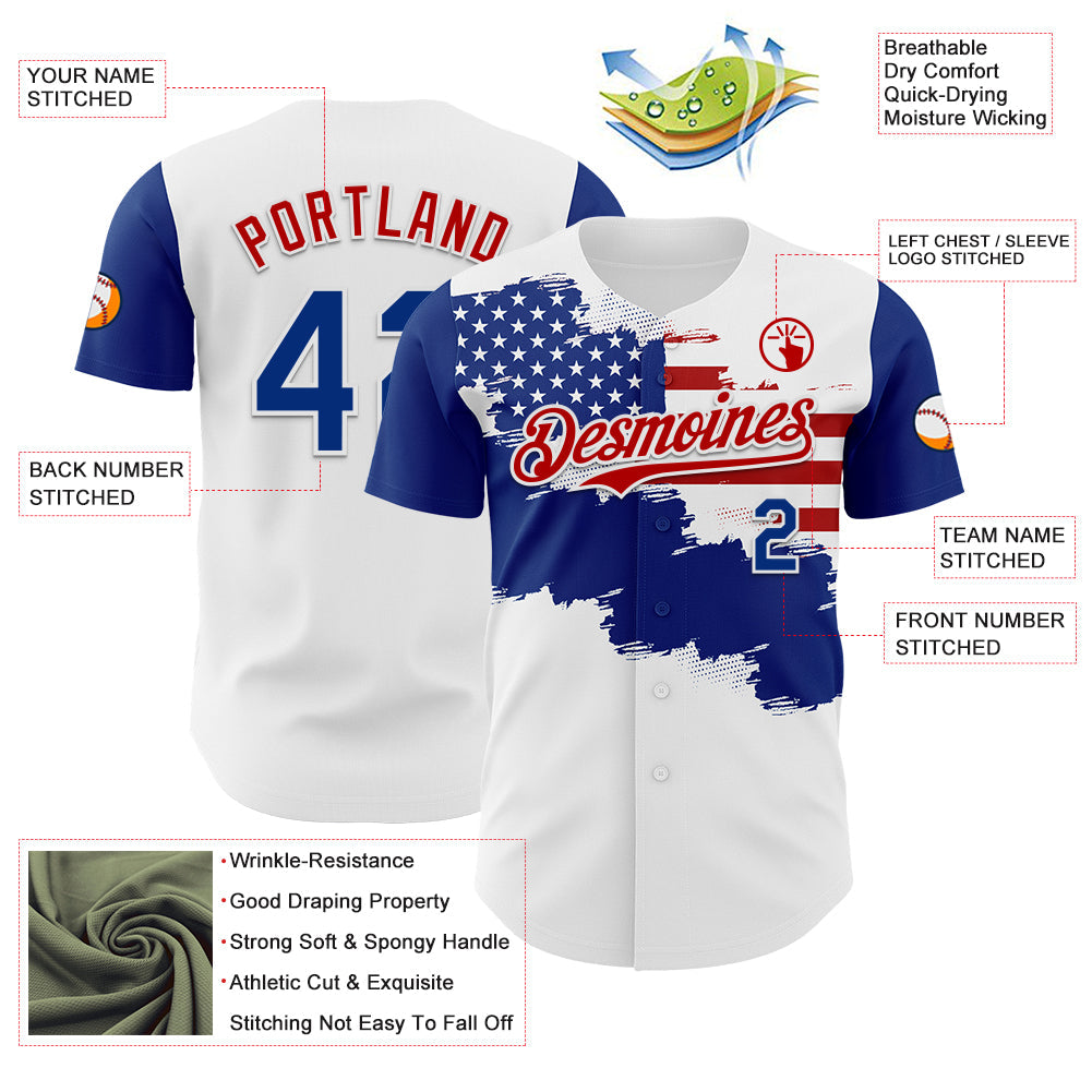 Custom White Royal-Red 3D American Flag Authentic Baseball Jersey - Sky-Custom