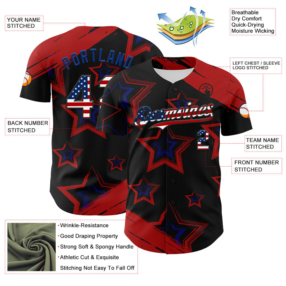 Custom Red USA Flag Black-Royal 3D America-Inspired Authentic Baseball Jersey - Sky-Custom