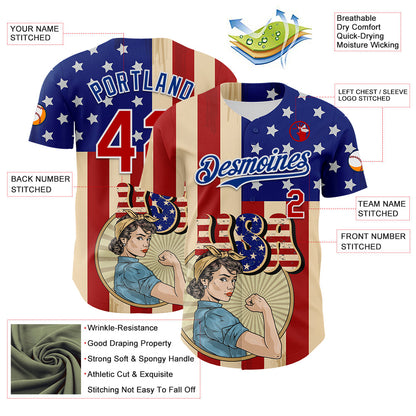 Custom Cream Red Royal-White 3D Retro American Flag Authentic Baseball Jersey - Sky-Custom