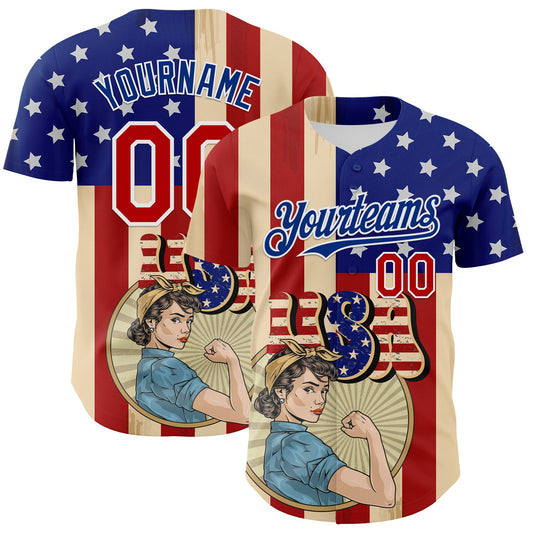 Custom Cream Red Royal-White 3D Retro American Flag Authentic Baseball Jersey - Sky-Custom