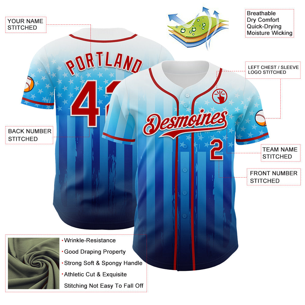 Custom White Red-Blue 3D American Flag Authentic Baseball Jersey - Sky-Custom