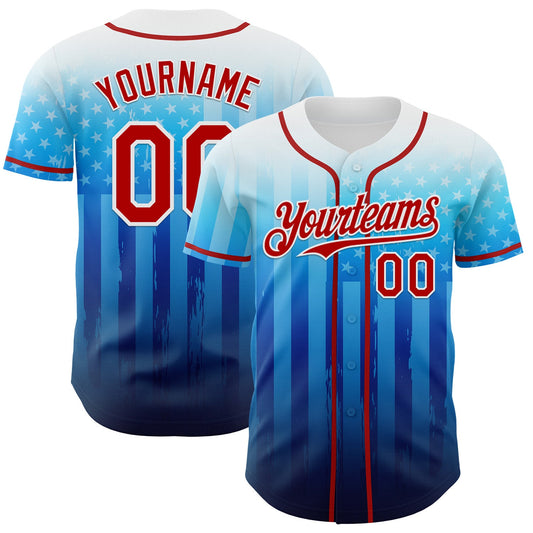 Custom White Red-Blue 3D American Flag Authentic Baseball Jersey - Sky-Custom