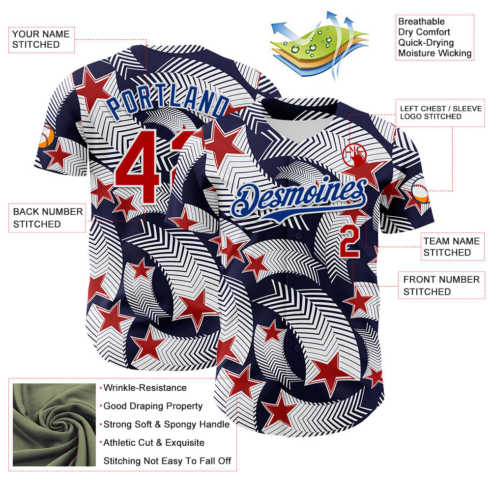 Custom White Red Navy-Royal 3D American Flag America-Inspired Authentic Baseball Jersey - Sky-Custom