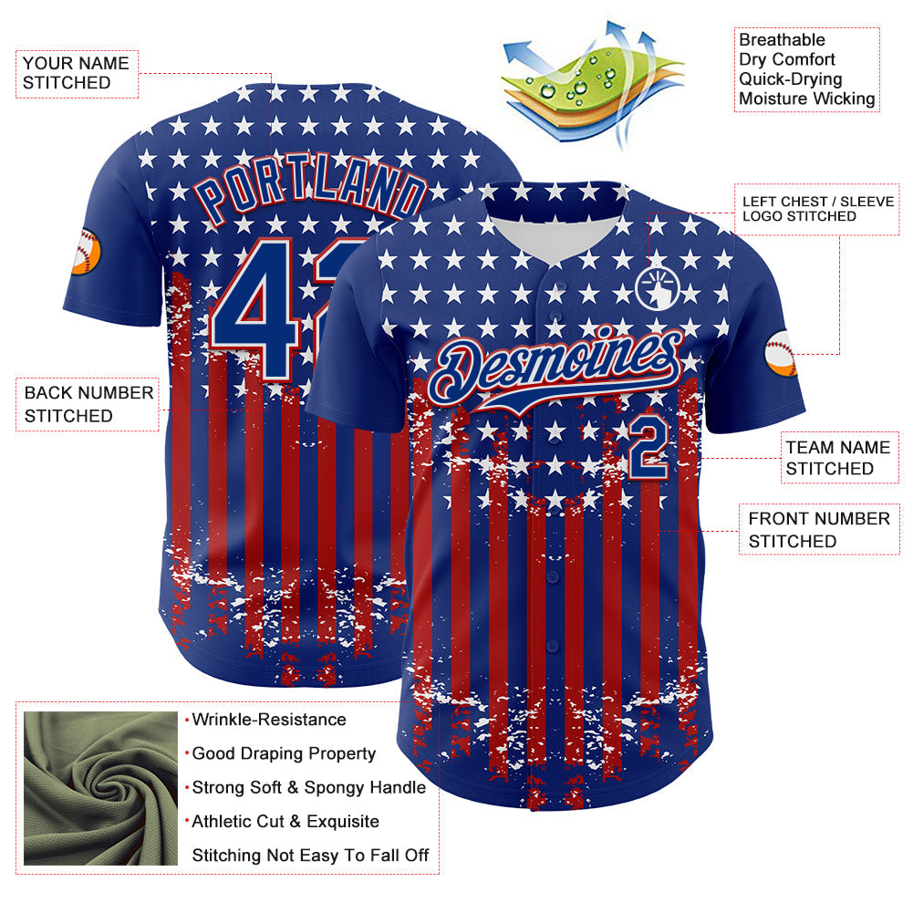 Custom Royal Red-White 3D Retro American Flag Authentic Baseball Jersey - Sky-Custom