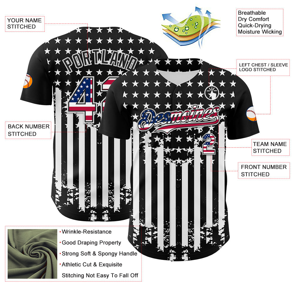 Custom Black USA Flag-White 3D Retro American Flag Authentic Baseball Jersey - Sky-Custom