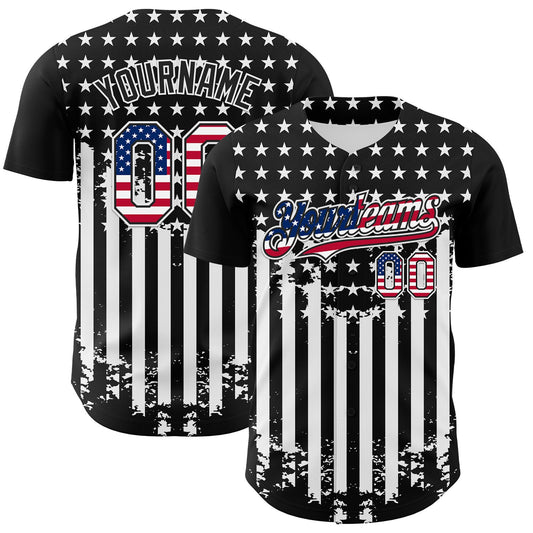 Custom Black USA Flag-White 3D Retro American Flag Authentic Baseball Jersey - Sky-Custom