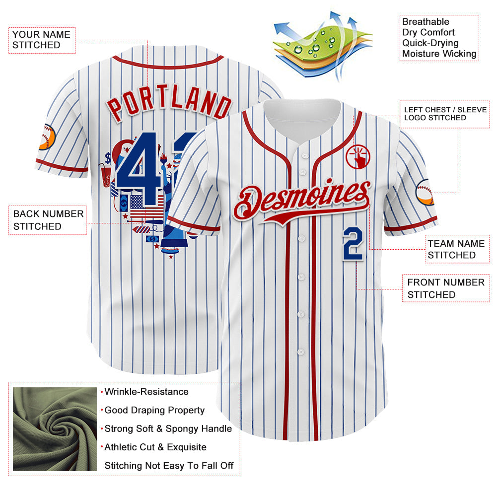 Custom White Blue Pinstripe Royal-Red 3D American Flag National Symbols Authentic Baseball Jersey - Sky-Custom
