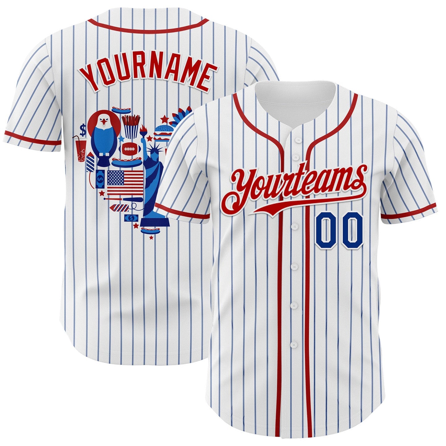 Custom White Blue Pinstripe Royal-Red 3D American Flag National Symbols Authentic Baseball Jersey - Sky-Custom