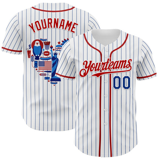 Custom White Blue Pinstripe Royal-Red 3D American Flag National Symbols Authentic Baseball Jersey - Sky-Custom