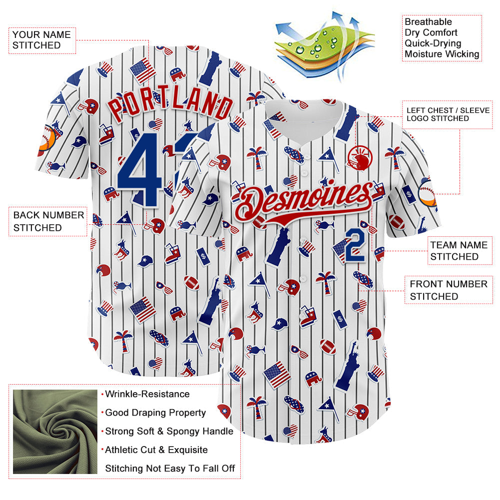 Custom White Black Pinstripe Royal-Red 3D American Flag National Symbols Authentic Baseball Jersey - Sky-Custom