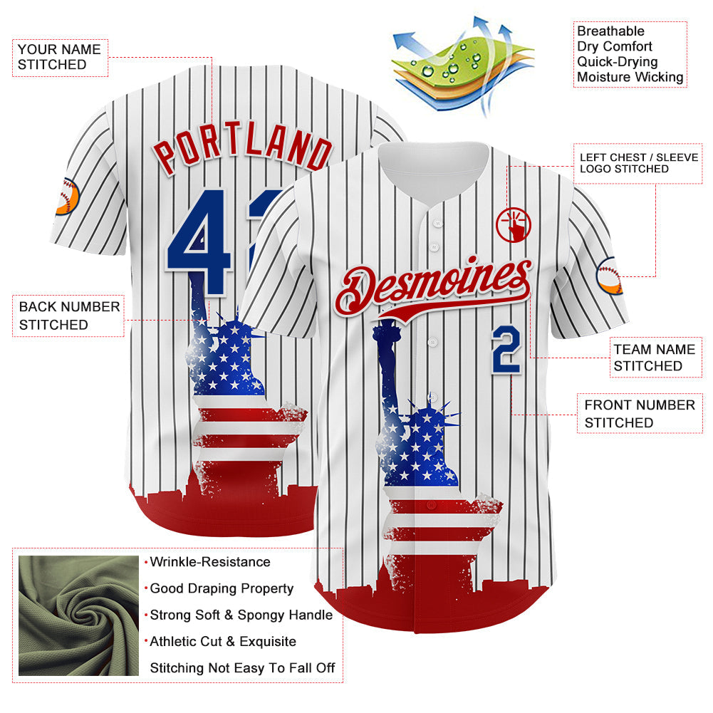 Custom White Black Pinstripe Royal-Red 3D American Flag Statue Of Liberty Authentic Baseball Jersey - Sky-Custom