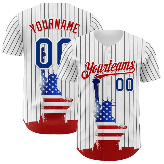 Custom White Black Pinstripe Royal-Red 3D American Flag Statue Of Liberty Authentic Baseball Jersey - Sky-Custom