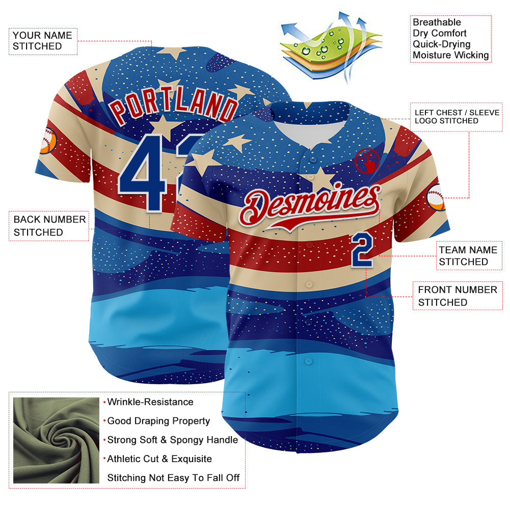 Custom Blue Royal Red-White 3D Retro American Flag Authentic Baseball Jersey - Sky-Custom
