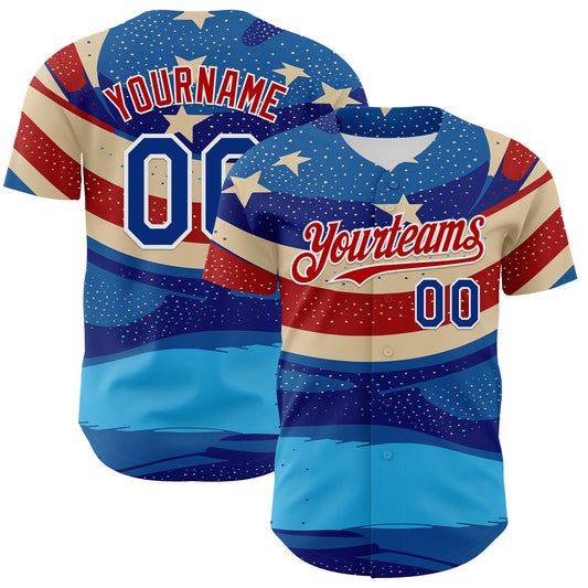 Custom Blue Royal Red-White 3D Retro American Flag Authentic Baseball Jersey - Sky-Custom