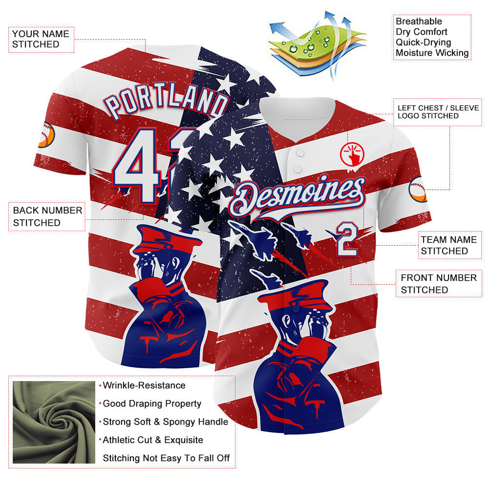 Custom White Royal-Fire Red 3D Retro American Flag Salute Authentic Baseball Jersey - Sky-Custom