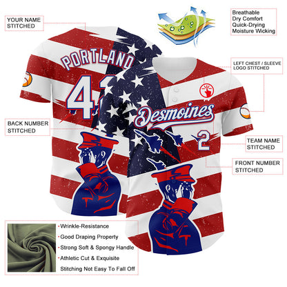 Custom White Royal-Fire Red 3D Retro American Flag Salute Authentic Baseball Jersey - Sky-Custom