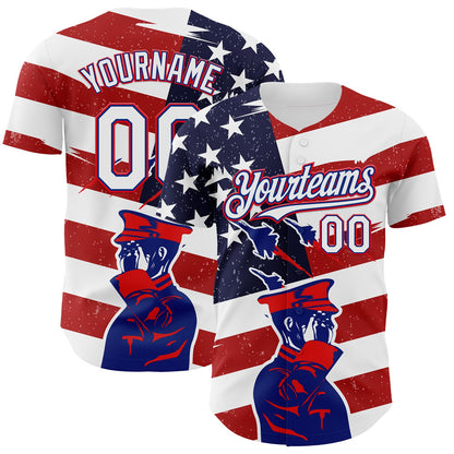 Custom White Royal-Fire Red 3D Retro American Flag Salute Authentic Baseball Jersey - Sky-Custom
