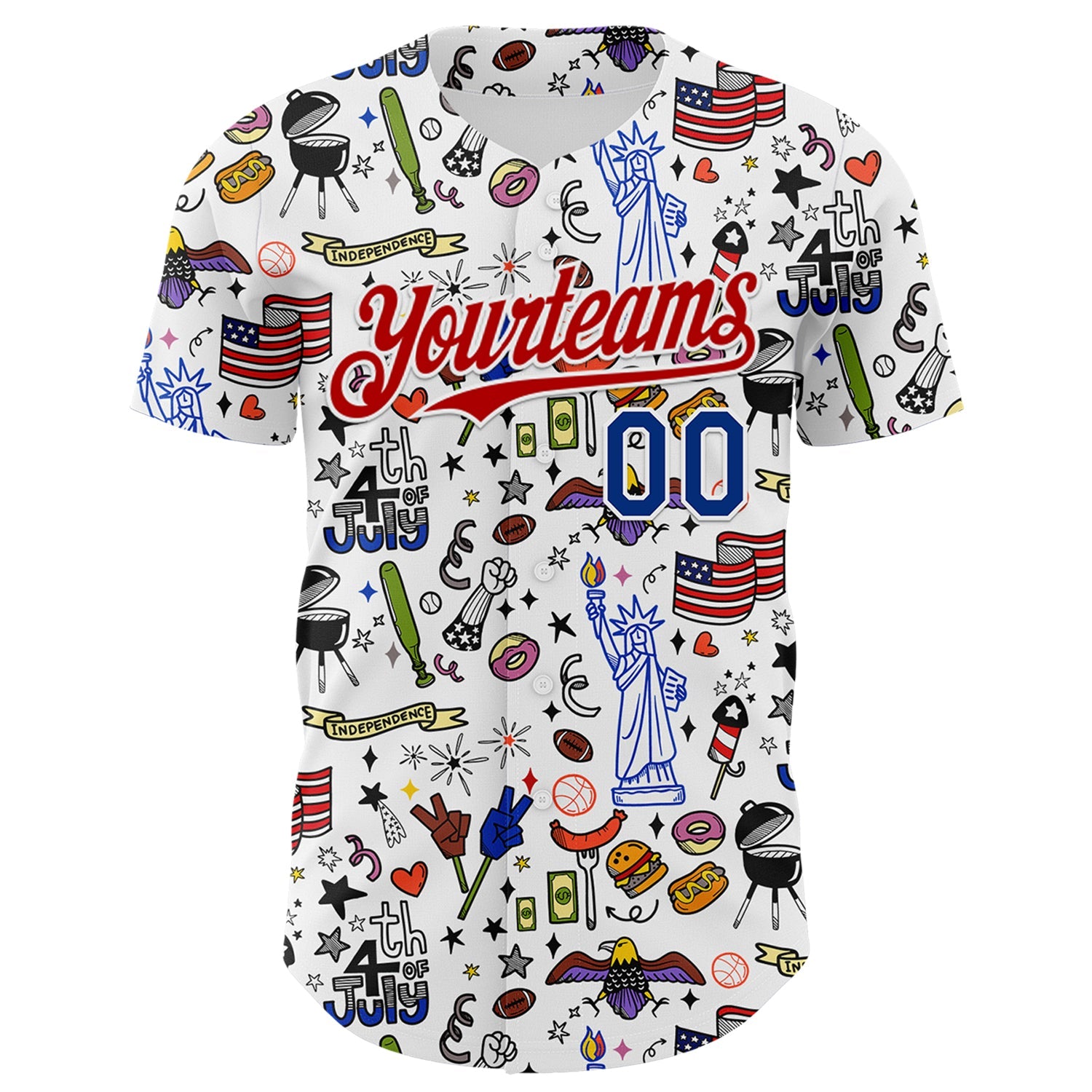 Custom White Royal-Red 3D American Flag Independence Day National Symbols Authentic Baseball Jersey - Sky-Custom