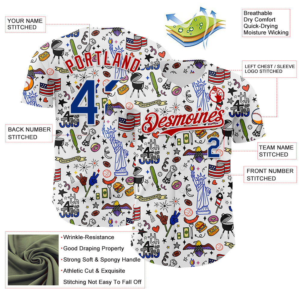 Custom White Royal-Red 3D American Flag Independence Day National Symbols Authentic Baseball Jersey - Sky-Custom