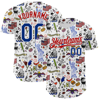 Custom White Royal-Red 3D American Flag Independence Day National Symbols Authentic Baseball Jersey - Sky-Custom