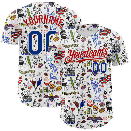 Custom White Royal-Red 3D American Flag Independence Day National Symbols Authentic Baseball Jersey - Sky-Custom