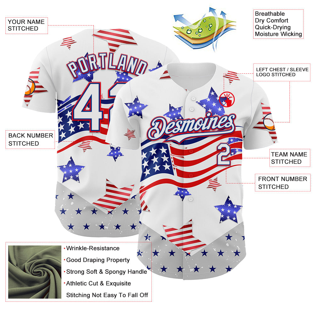 Custom White Royal-Fire Red 3D American Flag Stars Authentic Baseball Jersey - Sky-Custom