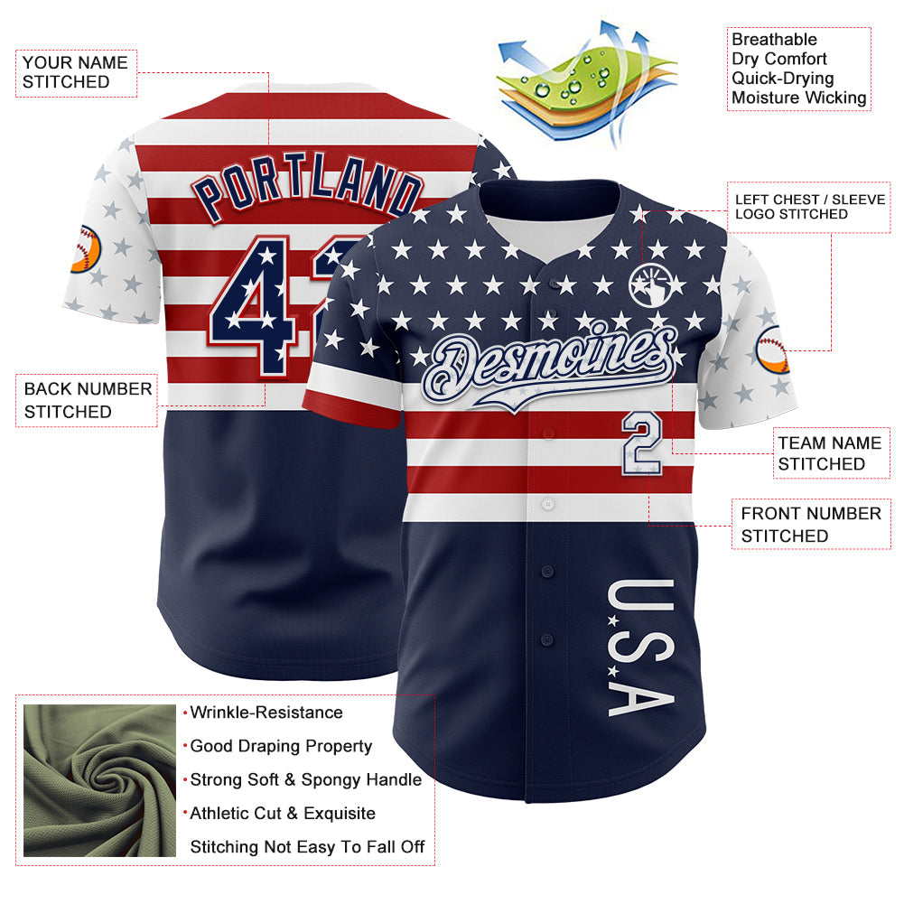 Custom Navy Star Red-White 3D American Flag Authentic Baseball Jersey - Sky-Custom