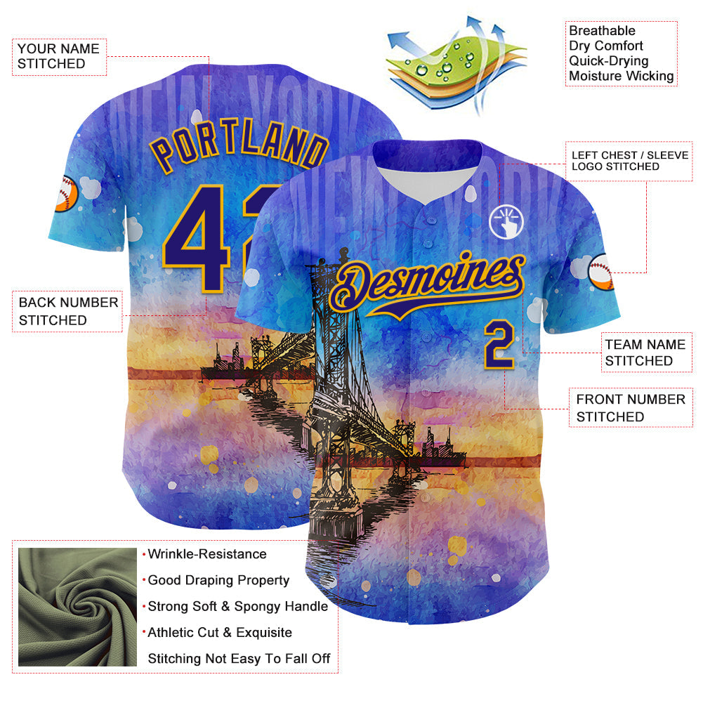 Custom Blue Dark Purple-Gold 3D Pattern Design Manhattan Bridge New York Sunset Authentic Baseball Jersey - Sky-Custom