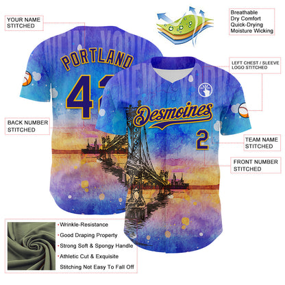 Custom Blue Dark Purple-Gold 3D Pattern Design Manhattan Bridge New York Sunset Authentic Baseball Jersey - Sky-Custom