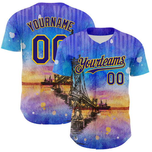 Custom Blue Dark Purple-Gold 3D Pattern Design Manhattan Bridge New York Sunset Authentic Baseball Jersey - Sky-Custom