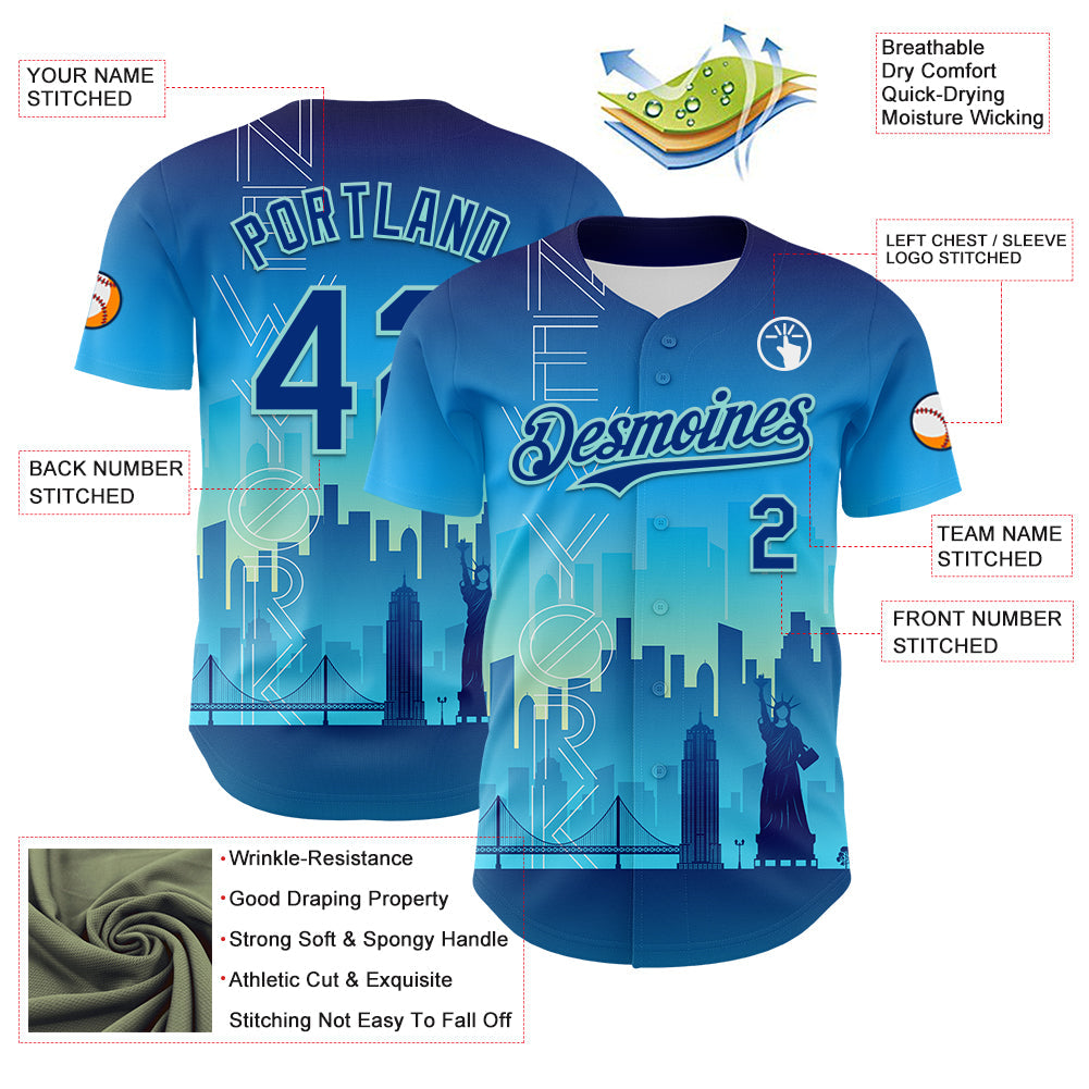 Custom Blue Royal-Ice Blue 3D Pattern Design New York Cityscape Statue Of Liberty Authentic Baseball Jersey - Sky-Custom