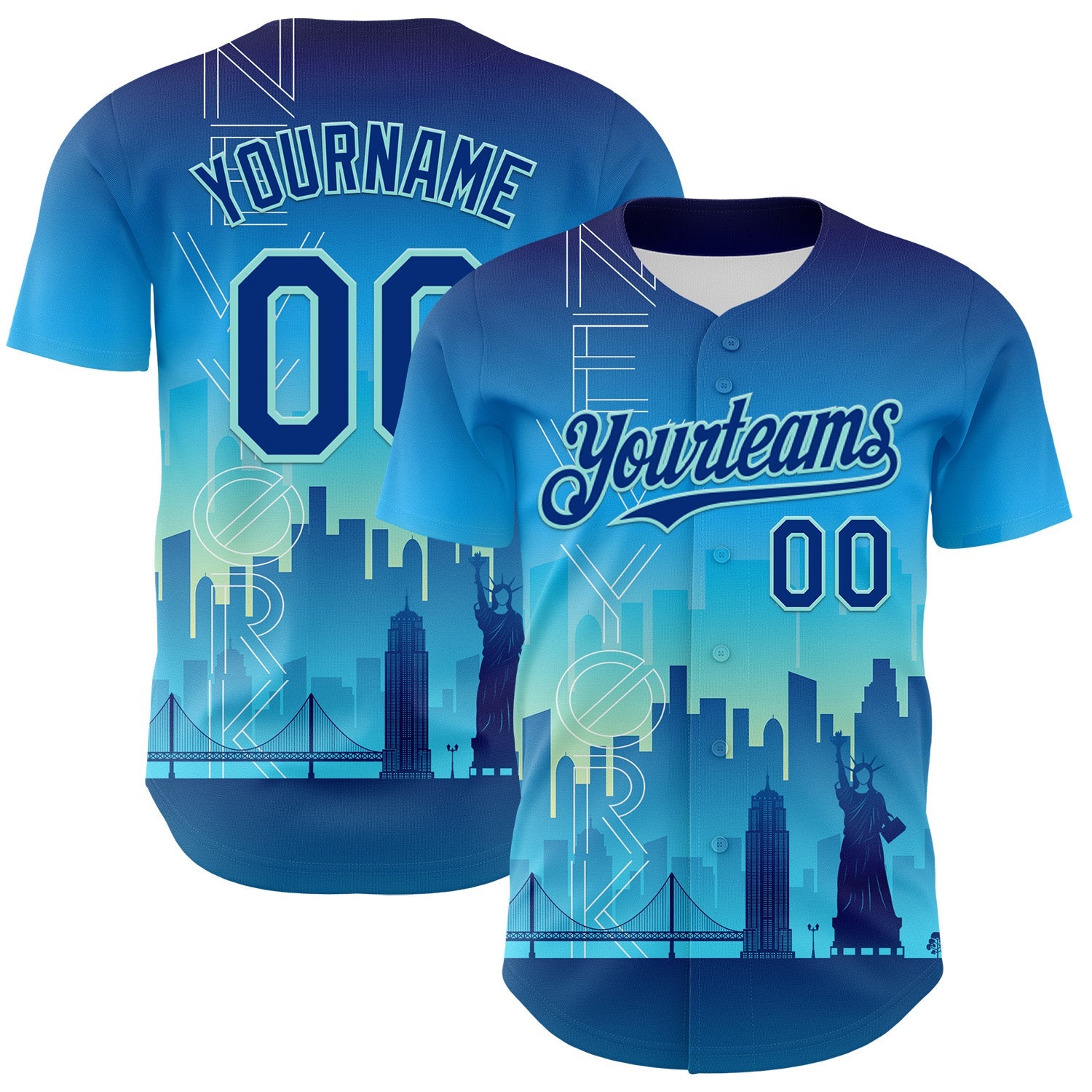 Custom Blue Royal-Ice Blue 3D Pattern Design New York Cityscape Statue Of Liberty Authentic Baseball Jersey - Sky-Custom