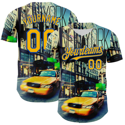 Custom Green Gold-Thunder Blue 3D Pattern Design New York Cityscape Statue Of Liberty Authentic Baseball Jersey - Sky-Custom