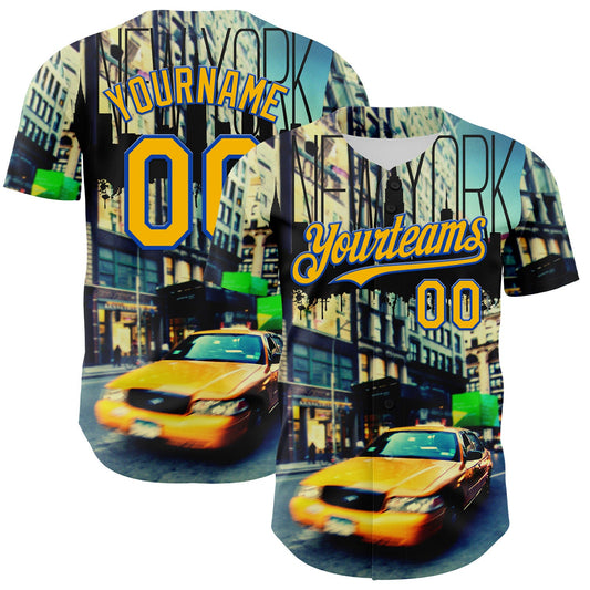 Custom Green Gold-Thunder Blue 3D Pattern Design New York Cityscape Statue Of Liberty Authentic Baseball Jersey - Sky-Custom