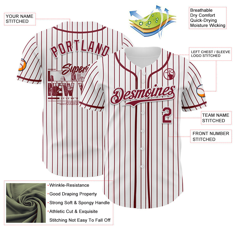 Custom White Crimson Pinstripe Crimson 3D Pattern Design New York Cityscape Authentic Baseball Jersey - Sky-Custom