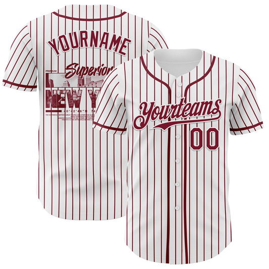 Custom White Crimson Pinstripe Crimson 3D Pattern Design New York Cityscape Authentic Baseball Jersey - Sky-Custom