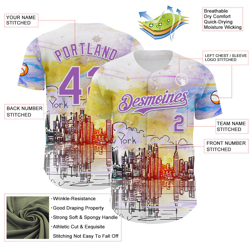 Custom White Medium Purple 3D Pattern Design New York Cityscape Sunrise Authentic Baseball Jersey - Sky-Custom