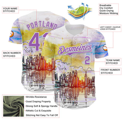 Custom White Medium Purple 3D Pattern Design New York Cityscape Sunrise Authentic Baseball Jersey - Sky-Custom