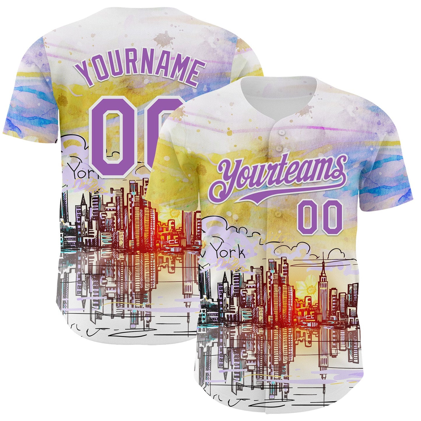 Custom White Medium Purple 3D Pattern Design New York Cityscape Sunrise Authentic Baseball Jersey - Sky-Custom