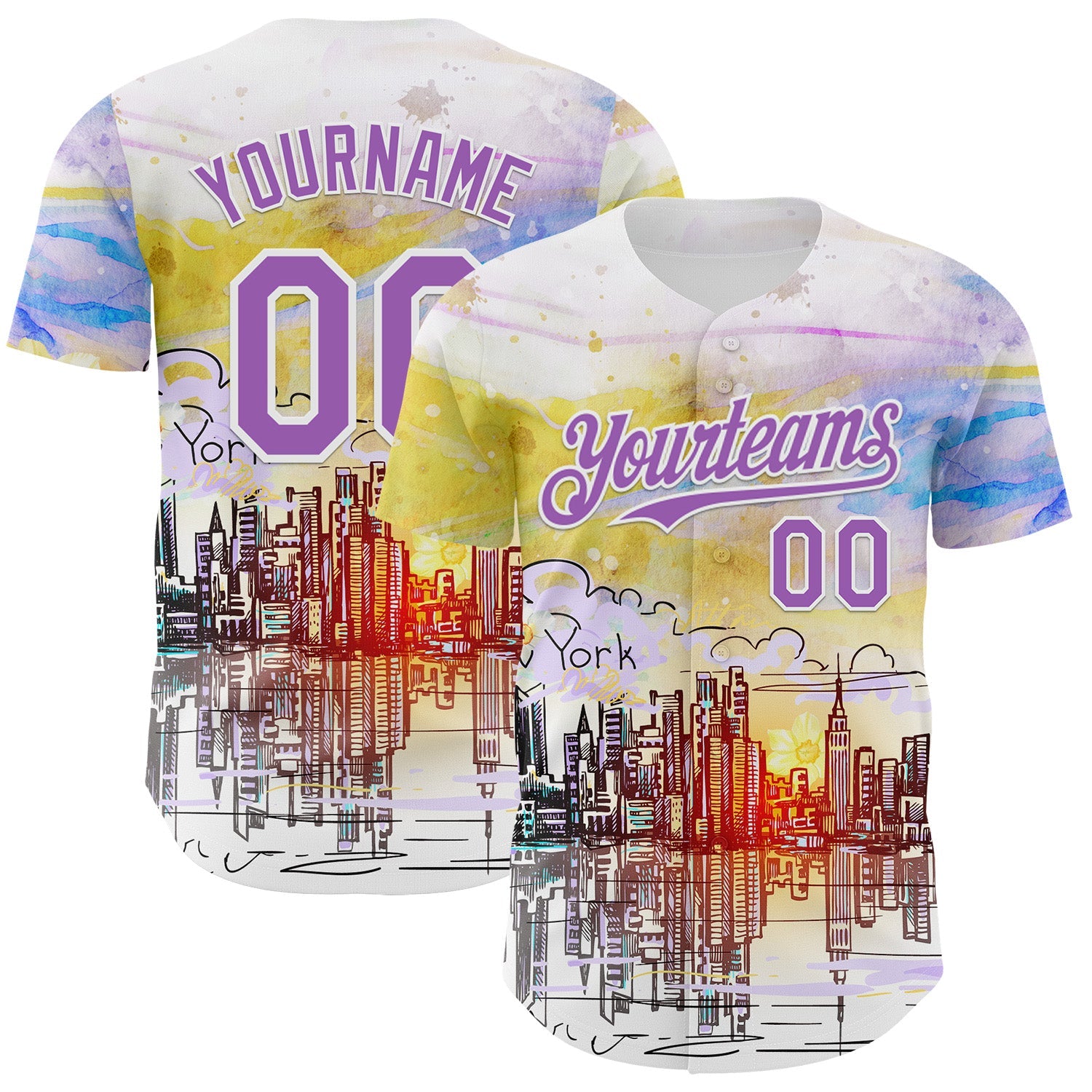 Custom White Medium Purple 3D Pattern Design New York Cityscape Sunrise Authentic Baseball Jersey - Sky-Custom