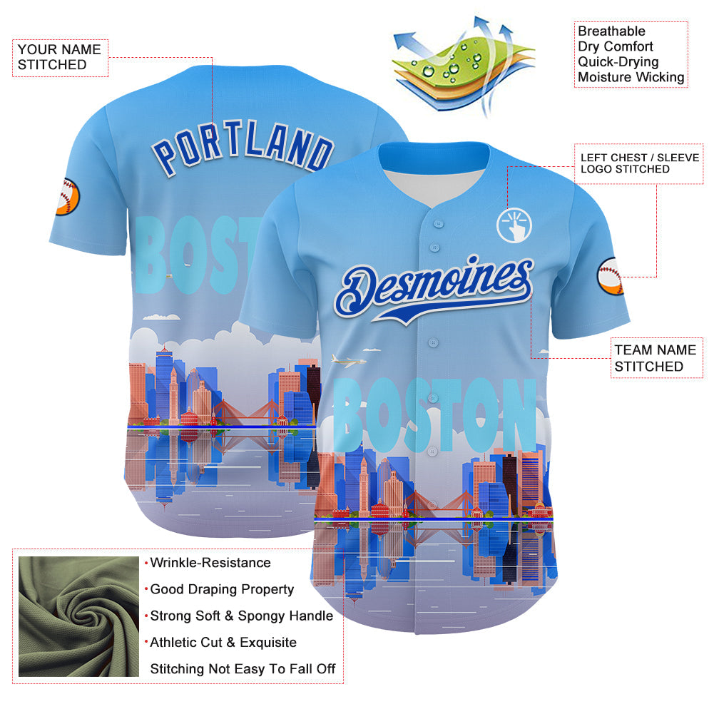 Custom Blue Thunder Blue-White 3D Pattern Design Boston Cityscape Skyline Authentic Baseball Jersey - Sky-Custom