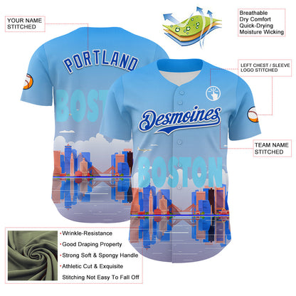 Custom Blue Thunder Blue-White 3D Pattern Design Boston Cityscape Skyline Authentic Baseball Jersey - Sky-Custom