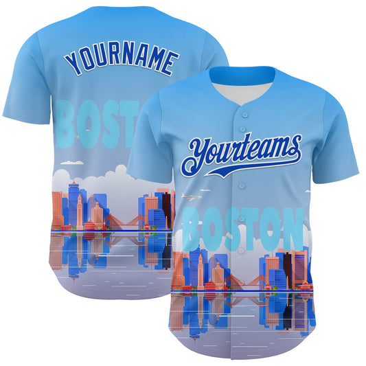 Custom Blue Thunder Blue-White 3D Pattern Design Boston Cityscape Skyline Authentic Baseball Jersey - Sky-Custom