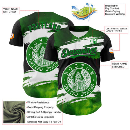 Custom Black Grass Green-White 3D Pattern Design Boston Cityscape Stamp Authentic Baseball Jersey - Sky-Custom