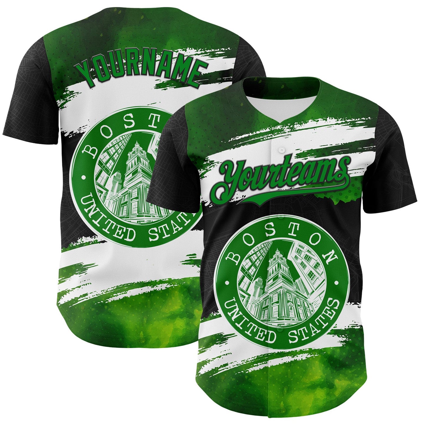 Custom Black Grass Green-White 3D Pattern Design Boston Cityscape Stamp Authentic Baseball Jersey - Sky-Custom