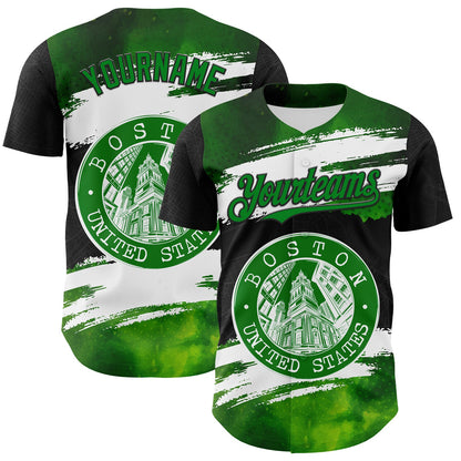 Custom Black Grass Green-White 3D Pattern Design Boston Cityscape Stamp Authentic Baseball Jersey - Sky-Custom