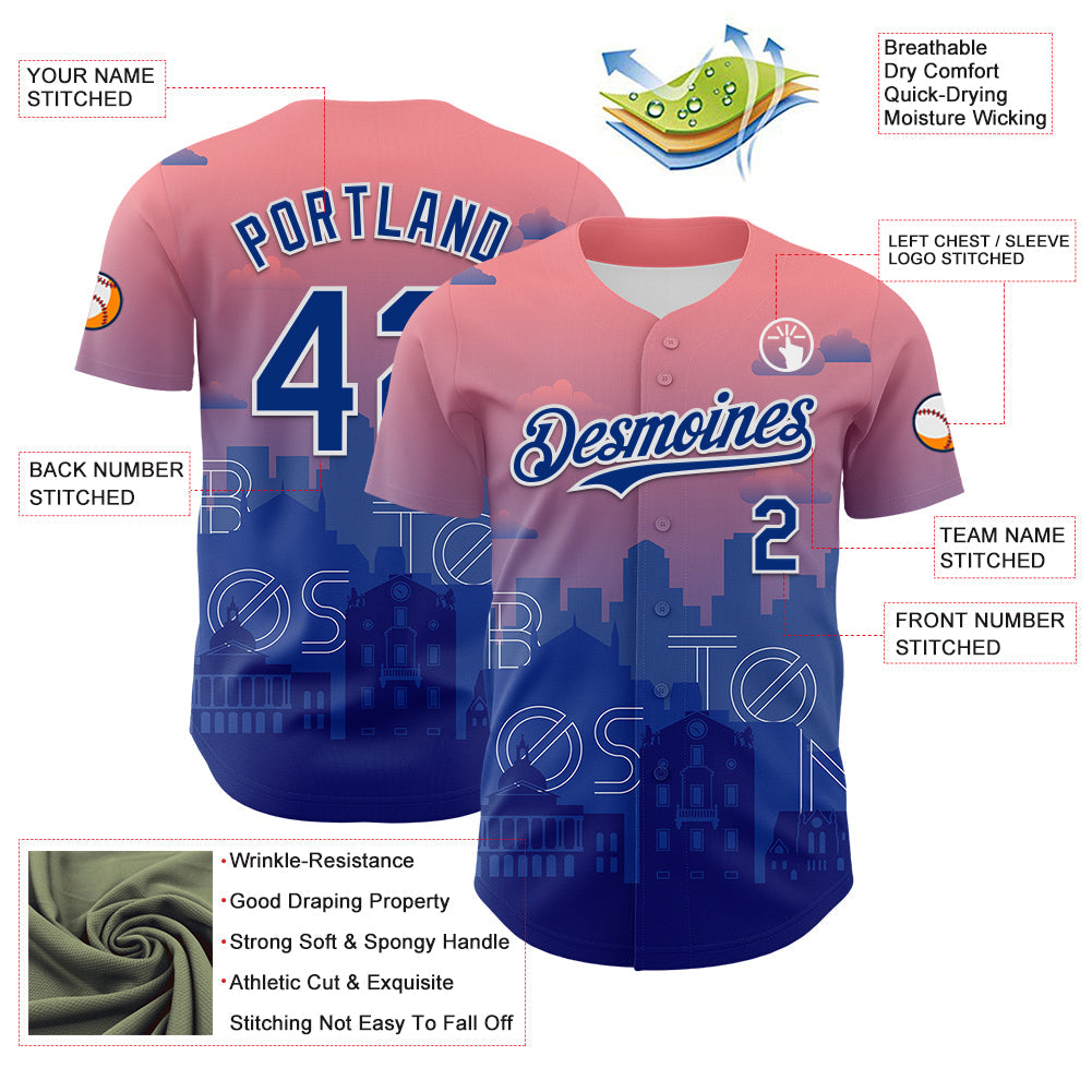 Custom Pink Royal Blue-White 3D Pattern Design Boston Cityscape Sunset Authentic Baseball Jersey - Sky-Custom