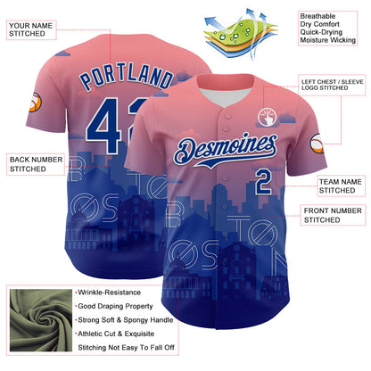 Custom Pink Royal Blue-White 3D Pattern Design Boston Cityscape Sunset Authentic Baseball Jersey - Sky-Custom